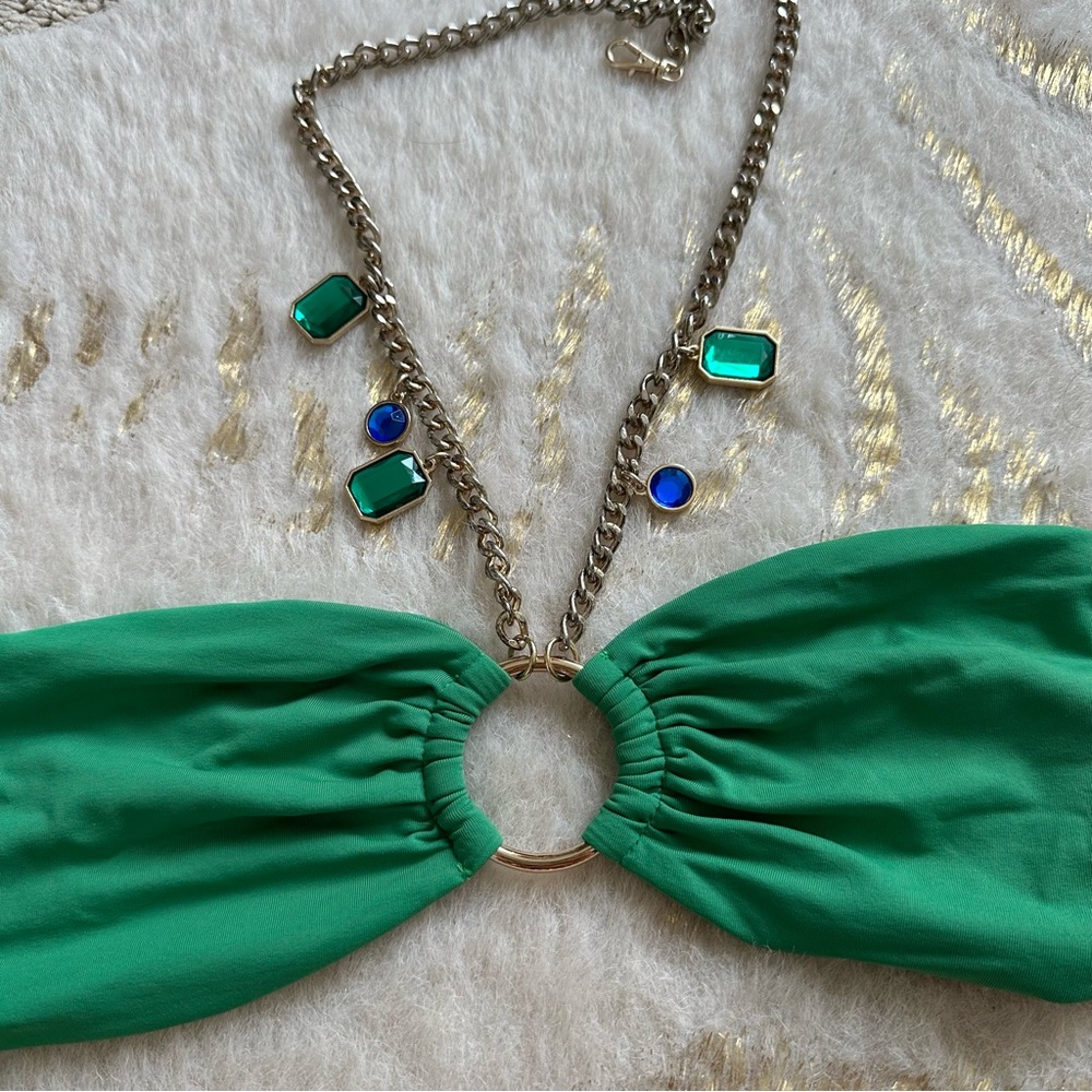 WeWoreWhat Green Bandeau Bikini with Gold Chain Detail - Picture 3 of 6